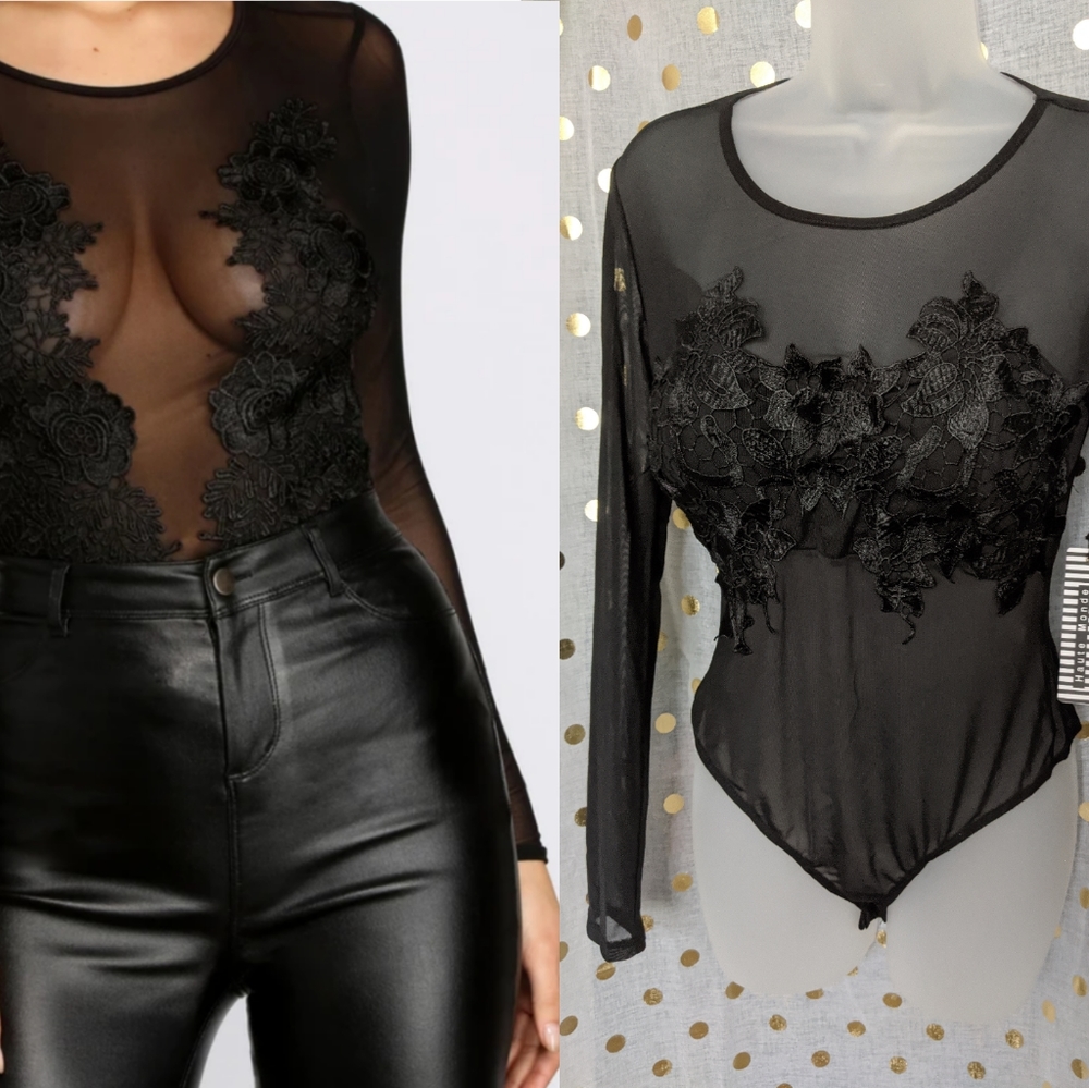 Sexy sheer bodysuit, Mesh, floral applique, black